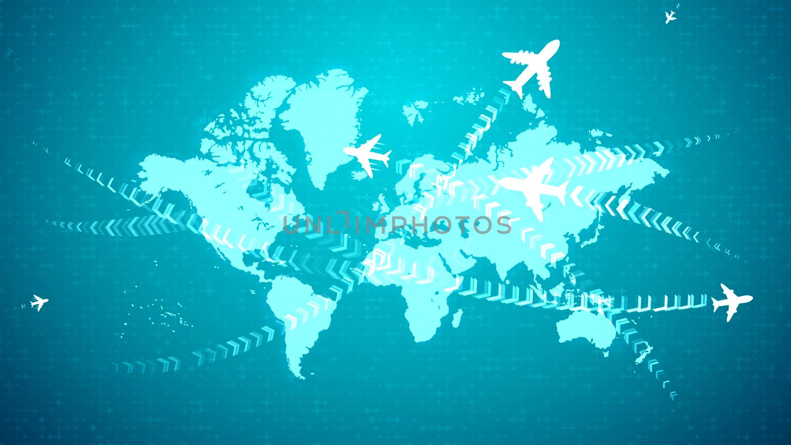 A gorgeous 3d illustration of white airplanes flying along the routes marked with rows of brackets over the light blue world atlas. They create the mood of accomplichment and optimism. 