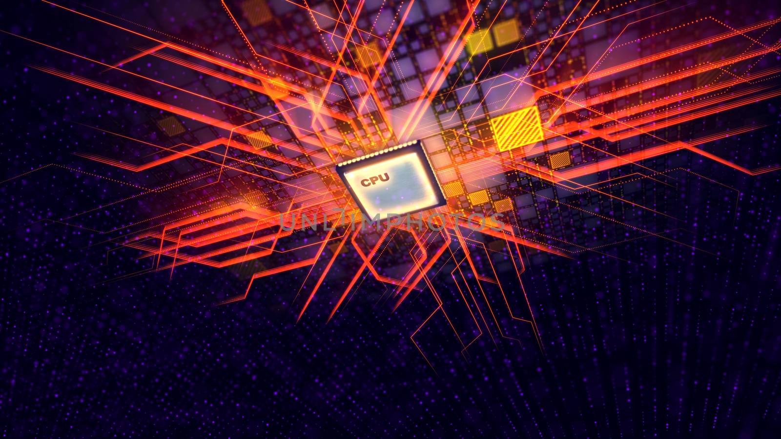 A holographic 3d illustration of a flying CPU processor with a row of white dots moving in a slanting way in the black cyberspace with yellow plates, violet spots and purple power lines. 