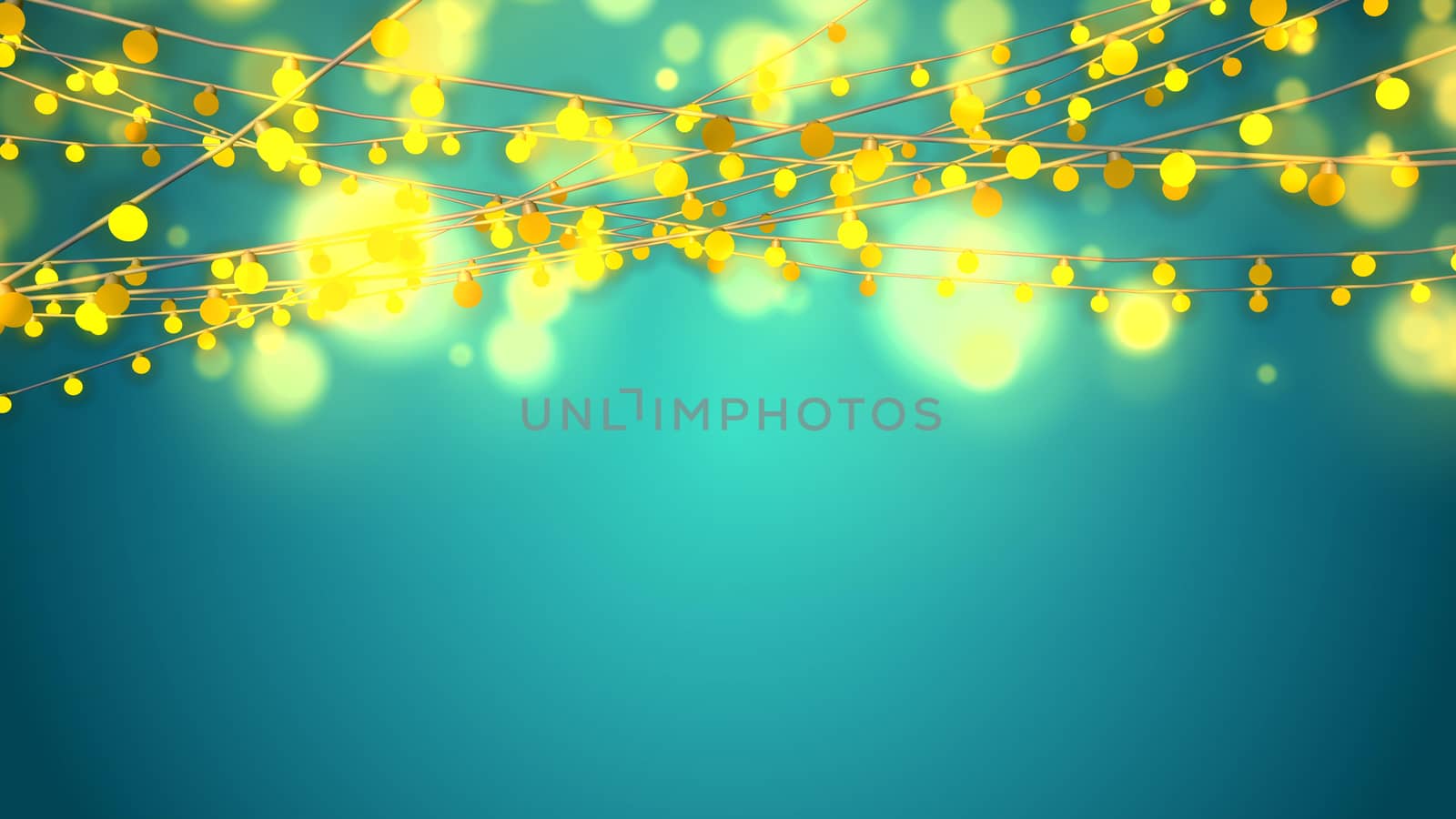 A celebratory 3d illustration of Christmas lights made in forms of yellow bulbs fixed on long wires in the green background. They glitter and shimmer creating the mood of fest and fun.  