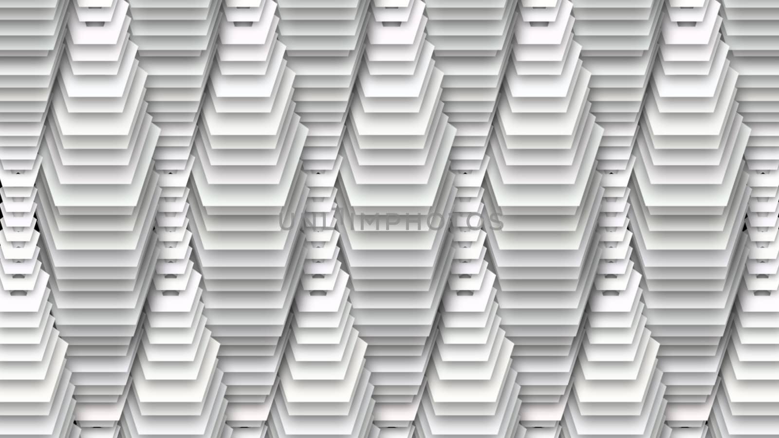 An op art 3d illustration of abstract white drop decoration with aimed down pentagons of different sizes with holes in centers shaping lengthy tubes thick in the middle and thin in the ends.