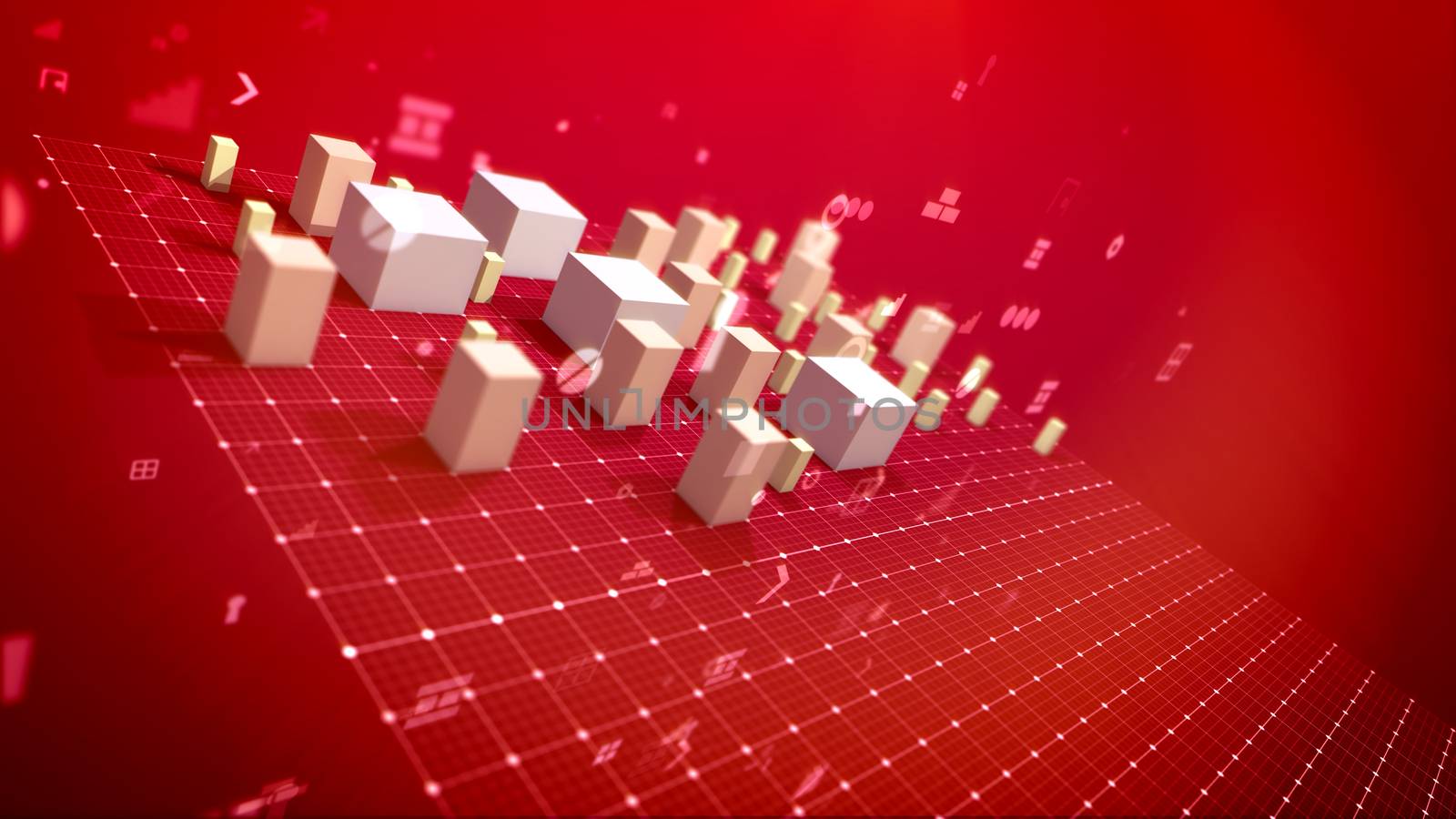 A multidimensional 3d illustration of a bar chart and pc symbols including angle bracket, number, dollar and percent put aslant on the grid in the red background. The white cubes move up.