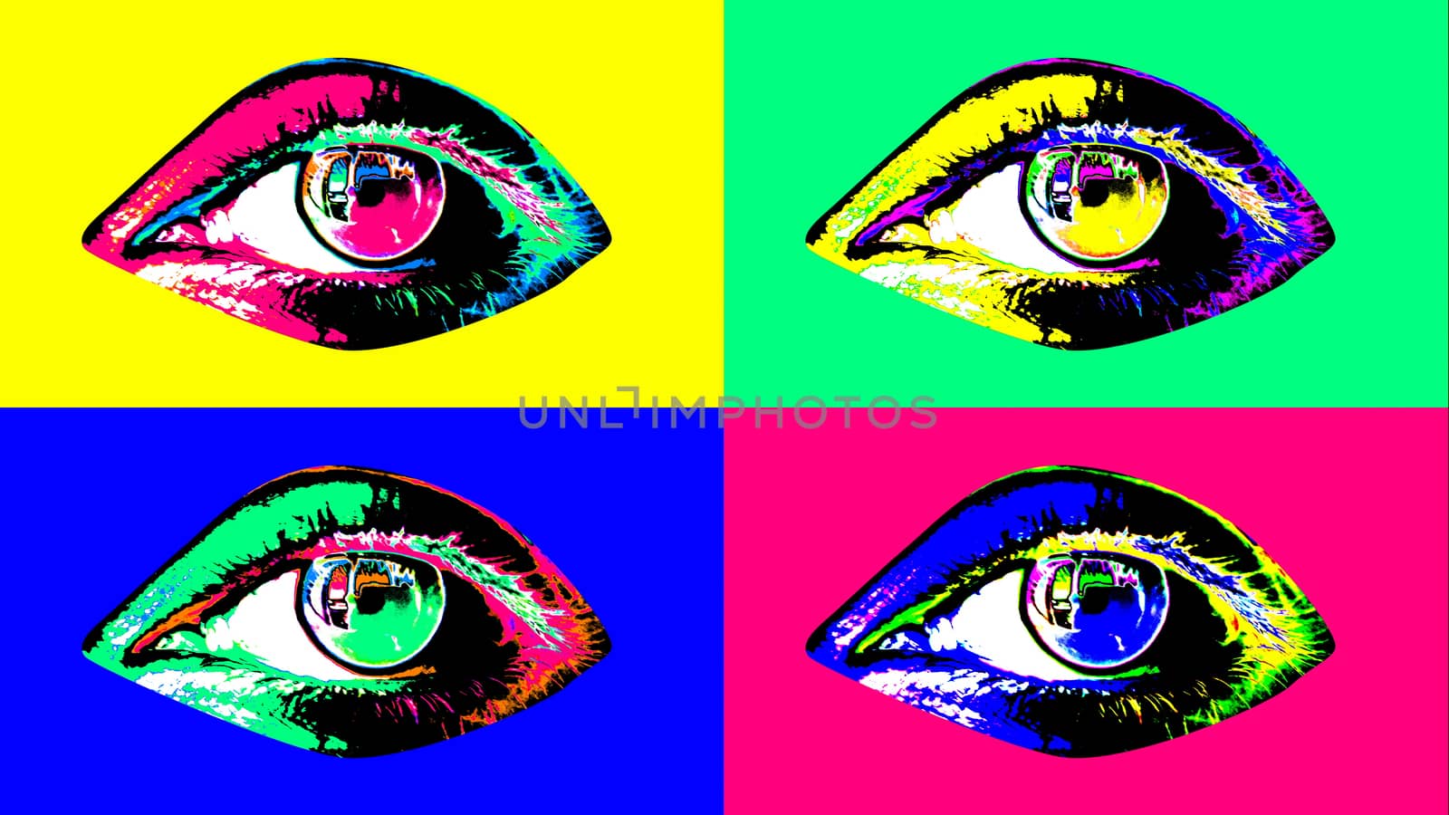 3d illustration of four beautiful human female eyes with dark pupils, colorful irises and flickering retinas in the rosy, salad, yellow, and blue backdrop. They are full of emotions and look alive. 