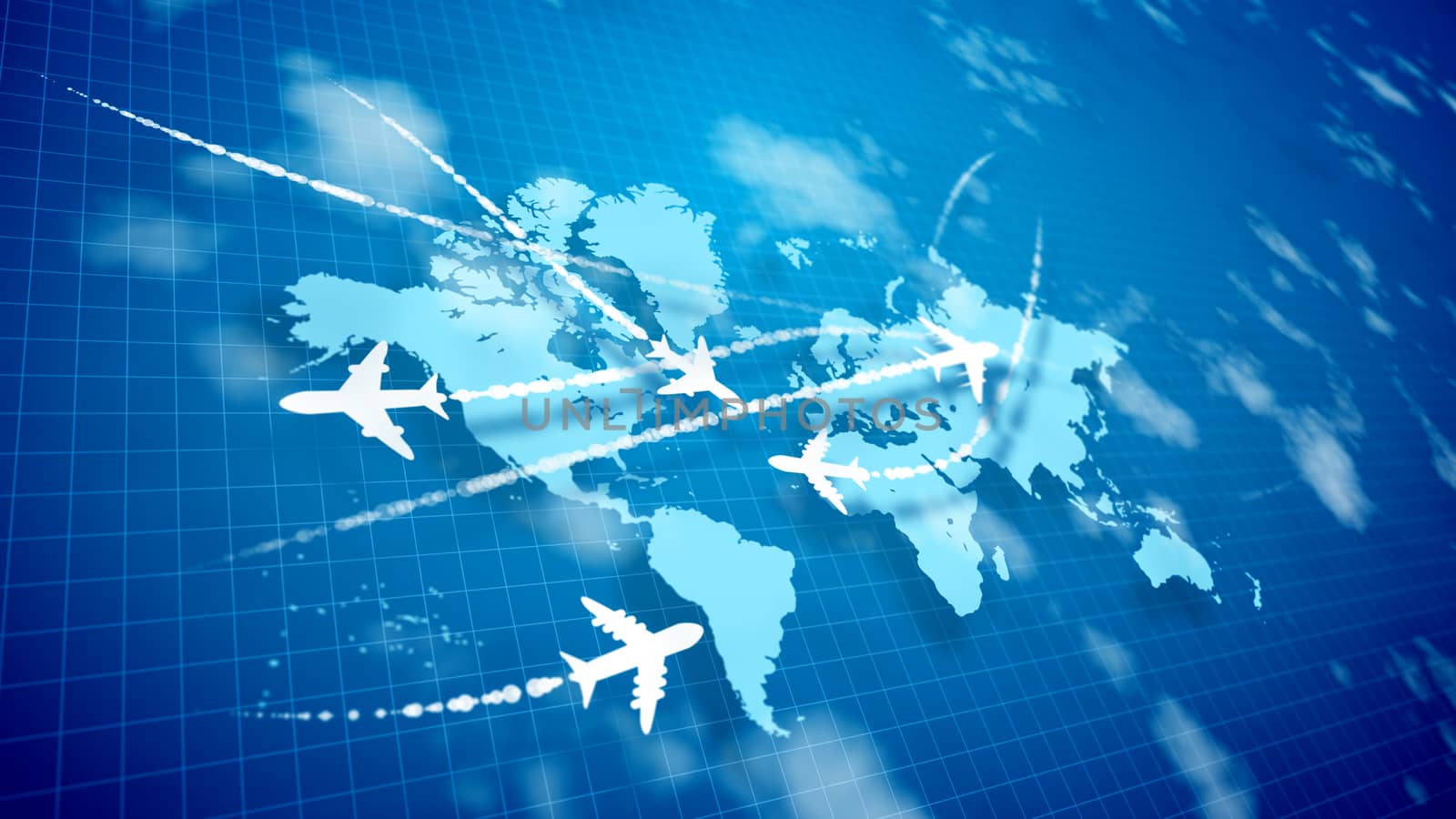 A striking 3d illustration of five white airplanes cruising over the smoky white routes on the violet world map with a grid of squares placed aslant. They look optimistic and trailblazing. 