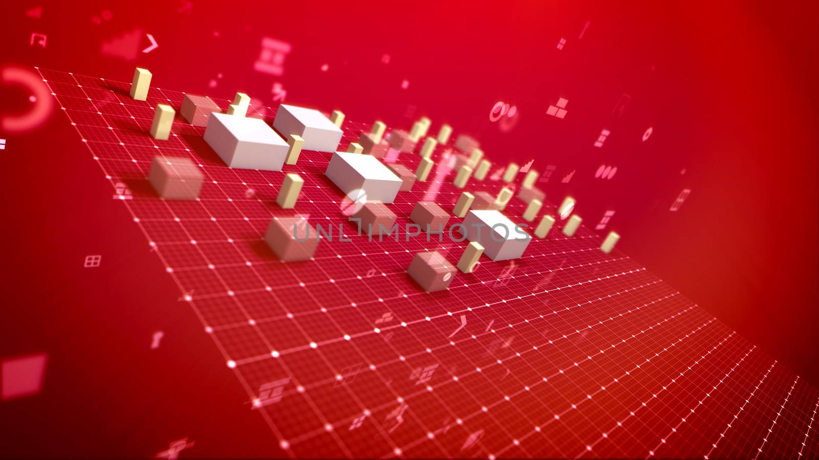 A computer graphics 3d illustration of a bar chart and pc signs including angle bracket, number, dollar and percent placed on the grid in the red background. The white columns go up.