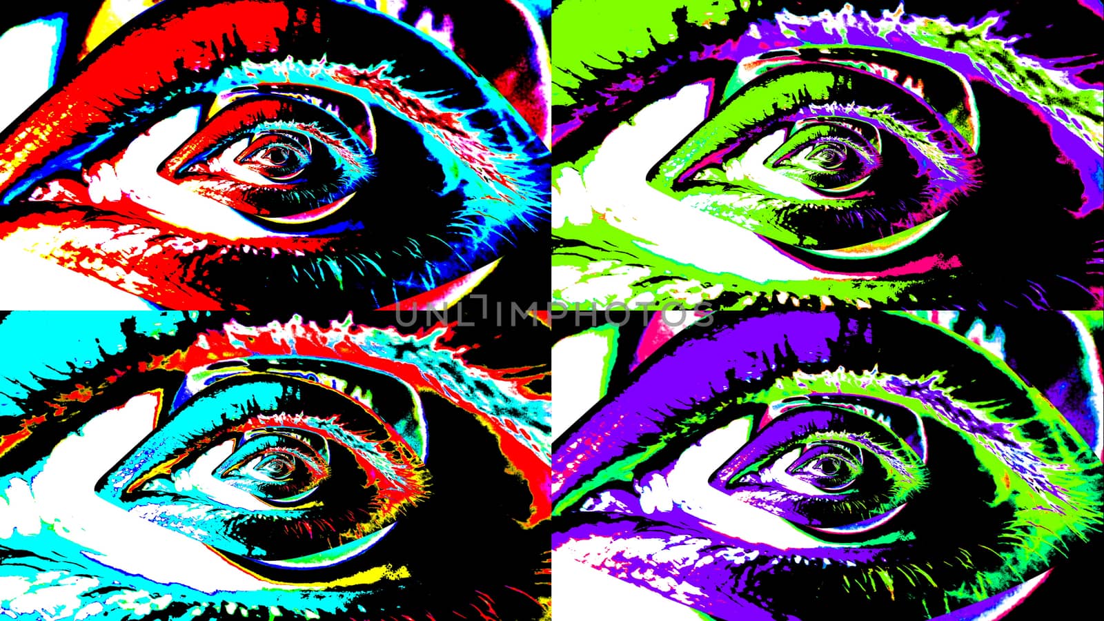 An exciting 3d illustration of four human female eyes in sparkling bright colors.  They are the same but differ in the palette of colors. They have slight mesmerizing and hypnotic effect.   