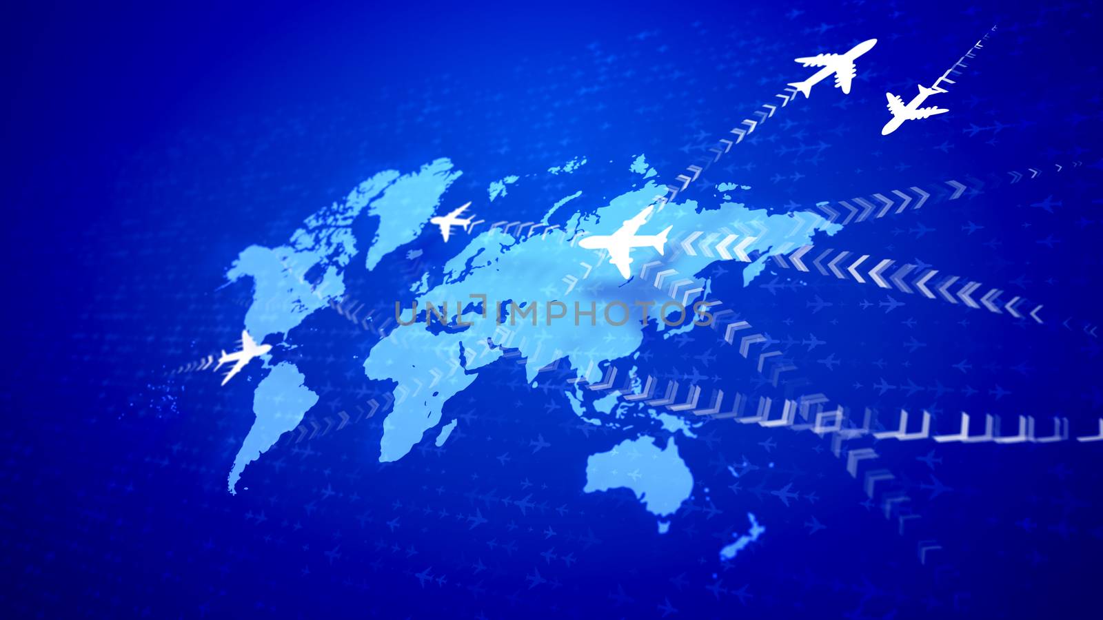 An innovative 3d illustration of four  white airplanes moving along the routes with smoky lines of brackets on the violet world map placed diagonally. They create the mood of success and optimism