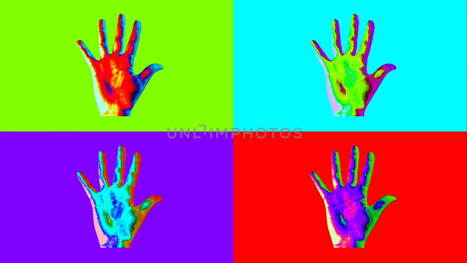 A popular art 3d illustration of four human hands showing sparkling high five gestures in the colorful backgrounds. The animation forms the mood of joy, holiday and optimism