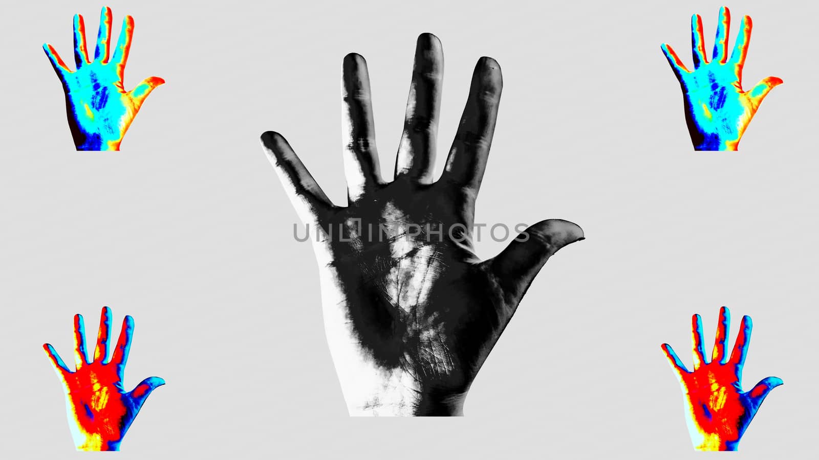 A creative 3d illustration of five human hands showing high five gestures in the black, grey and white backgrounds. The large hand is placed in the center, four others in the corners.