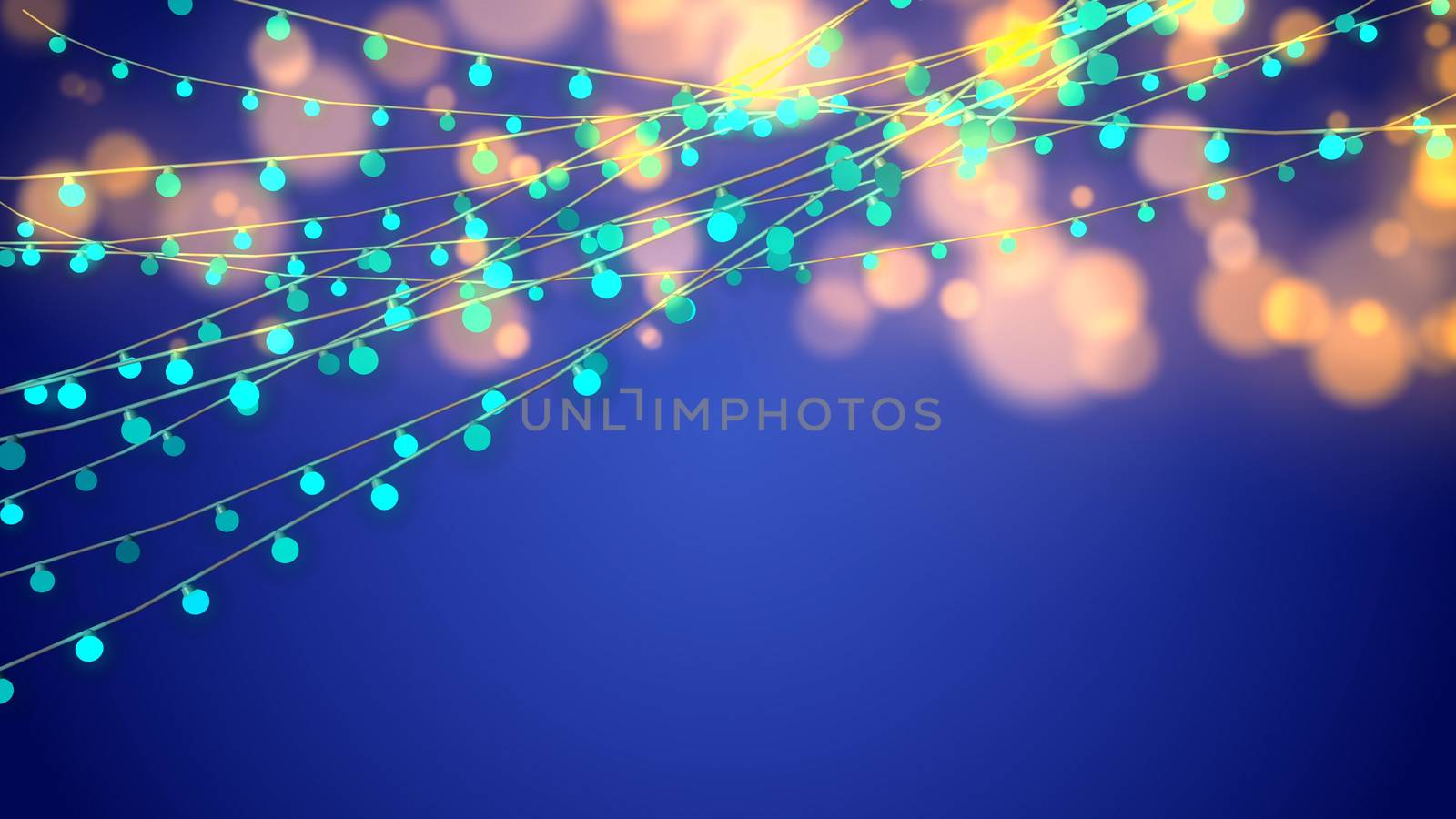 A festive 3d illustration of Christmas string festoon from celeste bulbs and blured pink and yellow balls in the blue background. They shimmer inspiring the merry spirit of holiday and fun.  
