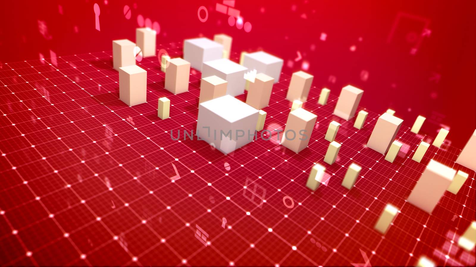 A stunning 3d illustration of a business bar chart and computer signs including angle bracket, number, dollar and percent drawn askew in the red background. The revenue columns are skyrocketing.