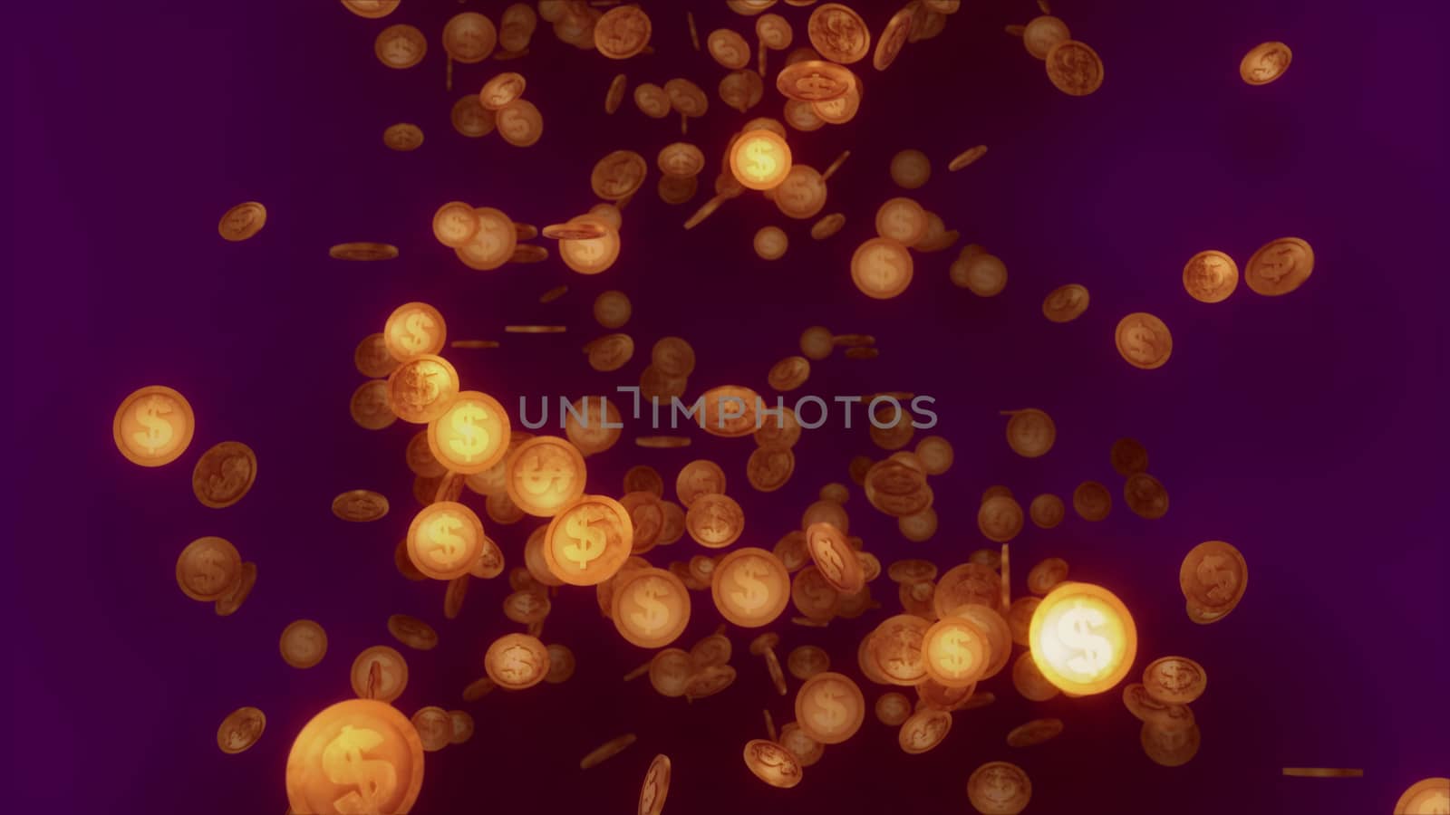 A cheery 3d illustration of sparkling round coins falling and jumping optimistically in the dark brown and violet background. They spin and whirl and give the feeling of wealth and fortune.