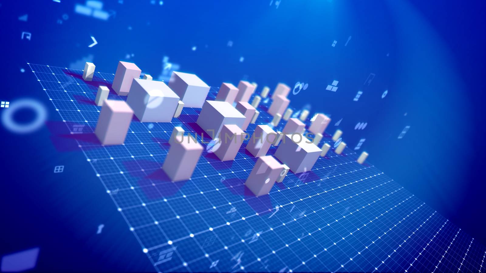 An amazing 3d rendering of a bar chart with skyrocketing commerce columns meaning profit in the blue backdrop. There are the signs of dollars, numbers, angle brackets, key holes and percent.