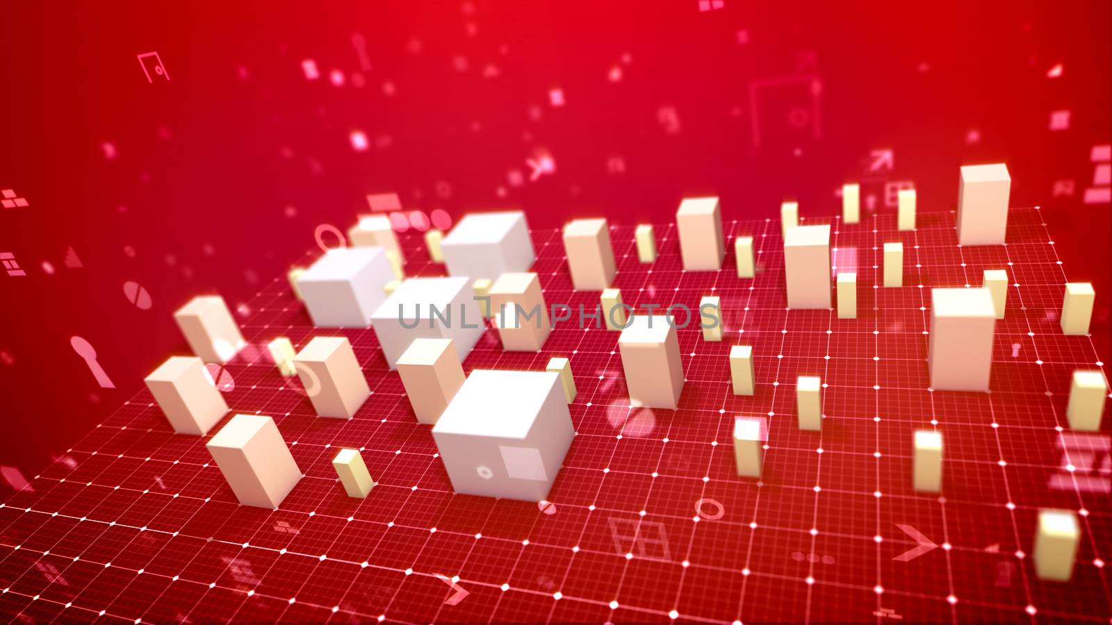 A volumetric 3d illustration of a bar chart and an arrow put askew on a white grate in the purple backdrop. The white columns meaning business indicators show revenue in per cent. 