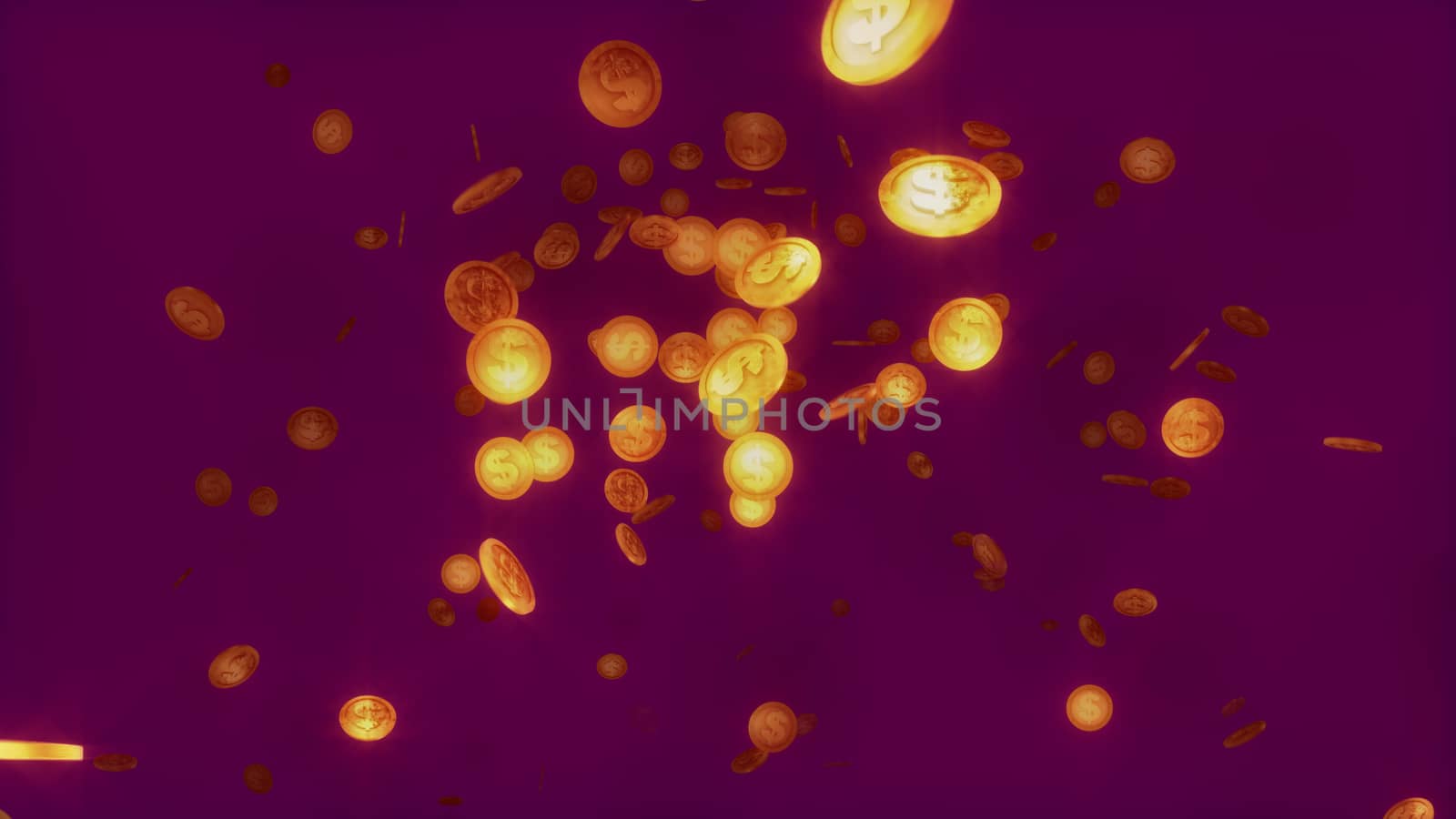 A wonderful 3d illustration of radiant round dollar coins soaring like a flock in the dark violet background. They rush and sparkle optimistically giving the feeling of luck and wealth.