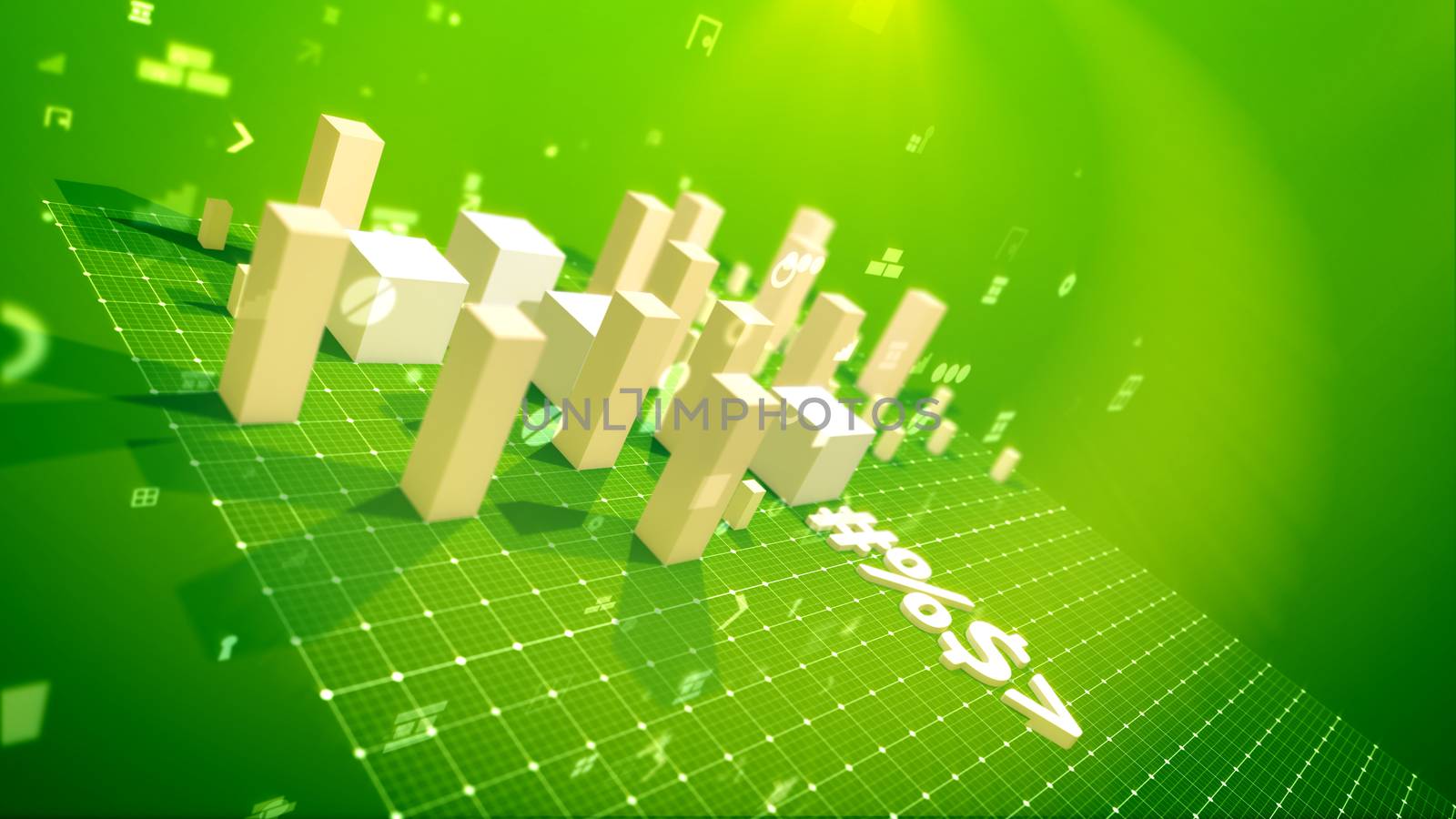 A triumphant 3d illustration of a bar chart with skyrocketing rectangular columns denoting profit in the green backdrop placed aslant with soaring zeroes, spots, key holes, arrows and other pc signs