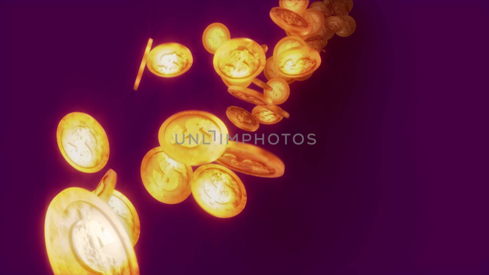 A cheerful 3d illustration of shining dollar coins falling like a golden rain in hundreds and looking optimistically in the dark violet background. They twist and give the feeling of luck.