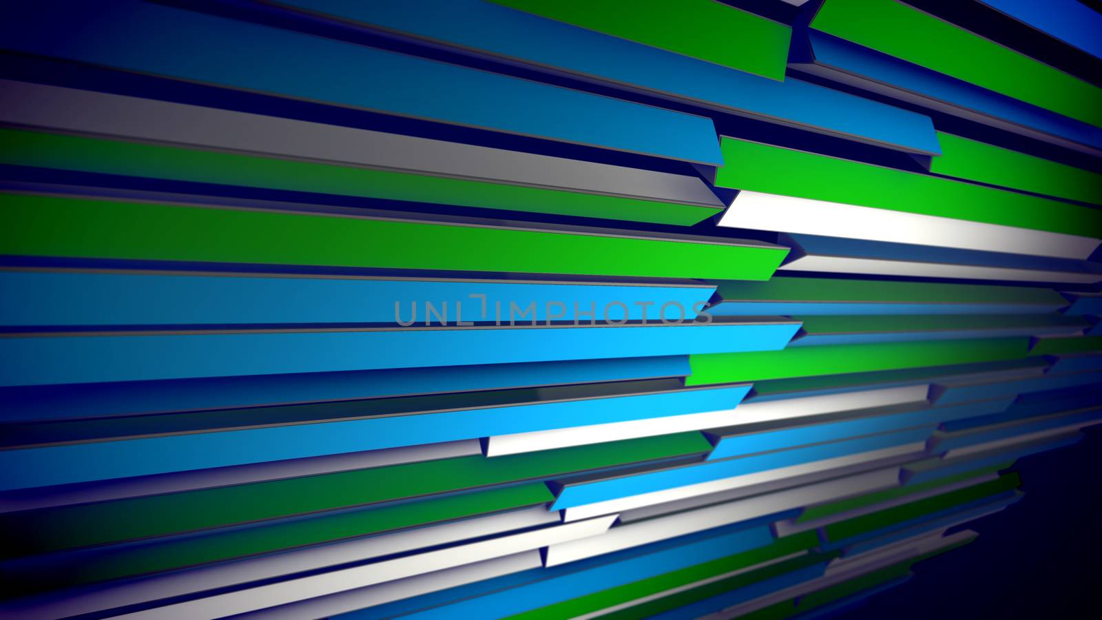 A striking 3d illustration of horizontal colorful blinds made of colorful straight streaks placed askew. They alter colors from white and pink to blue and salad. The shutter looks cheerful.