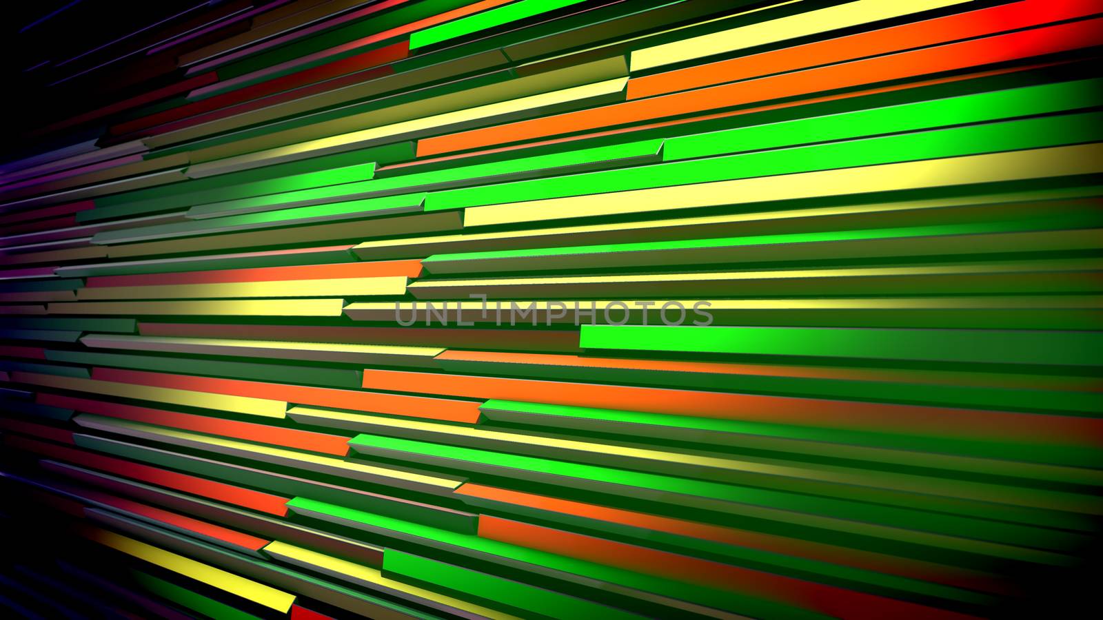 3d illustration of horizontal multicolored blinds placed askew shaking slowly and changing the colors of lines. They vary fom salad to blue, red and orange. The blinds look optimistic and merry.
