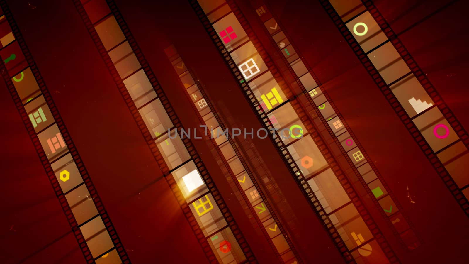 A stunning 3d illustration of film stripes inclined to the left with abstract pictures of colorful dots, windows, hexagons, other figures in the bright brown background. They look optimistic. 