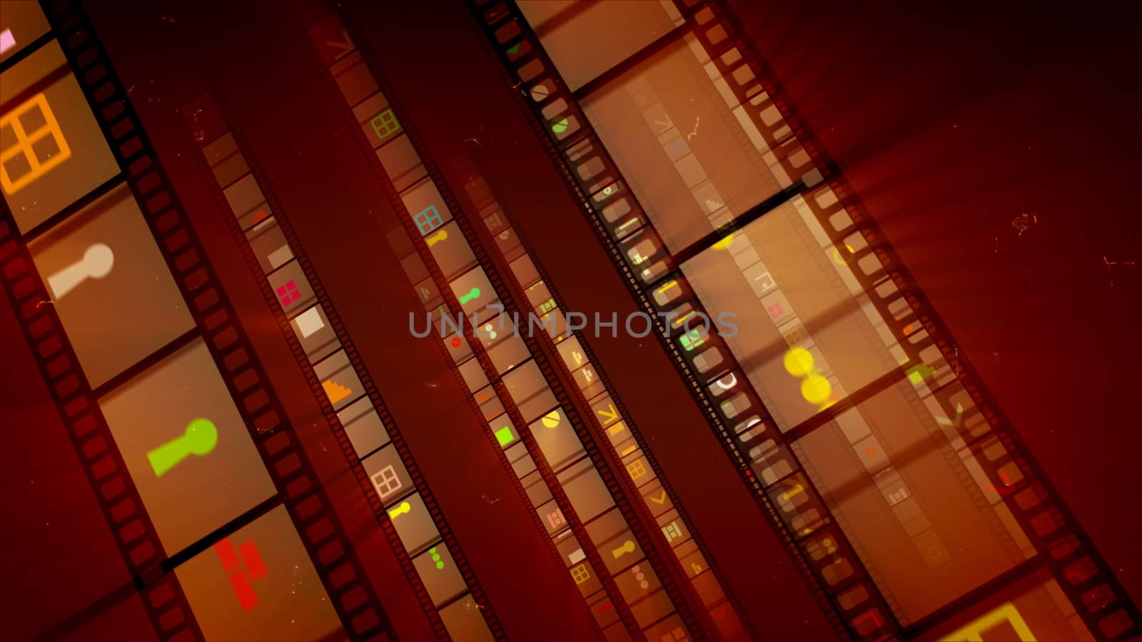 A remarkable 3d illustration of movie tapes inclined to the left with sparkling images of colorful spots, bricks, illuminators, angles in the bright brown background. They look creative and cheery. 