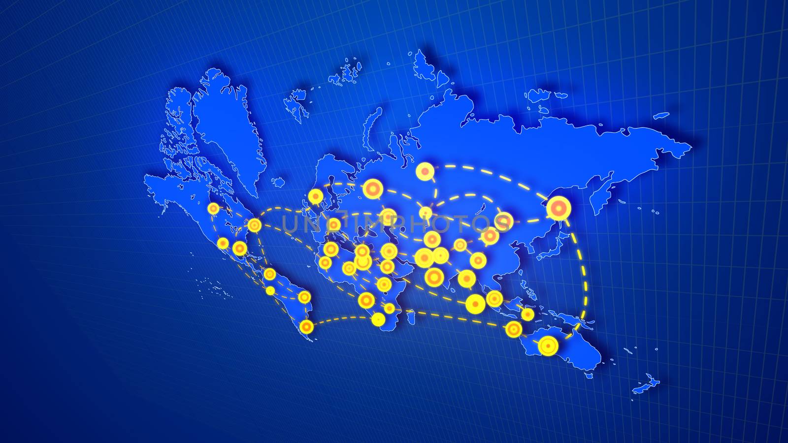 A striking 3d illustration of an abstract world map connecting big yellow cities, depicted like flickering small rounds, with moving white lines in the dark blue background located aslant.