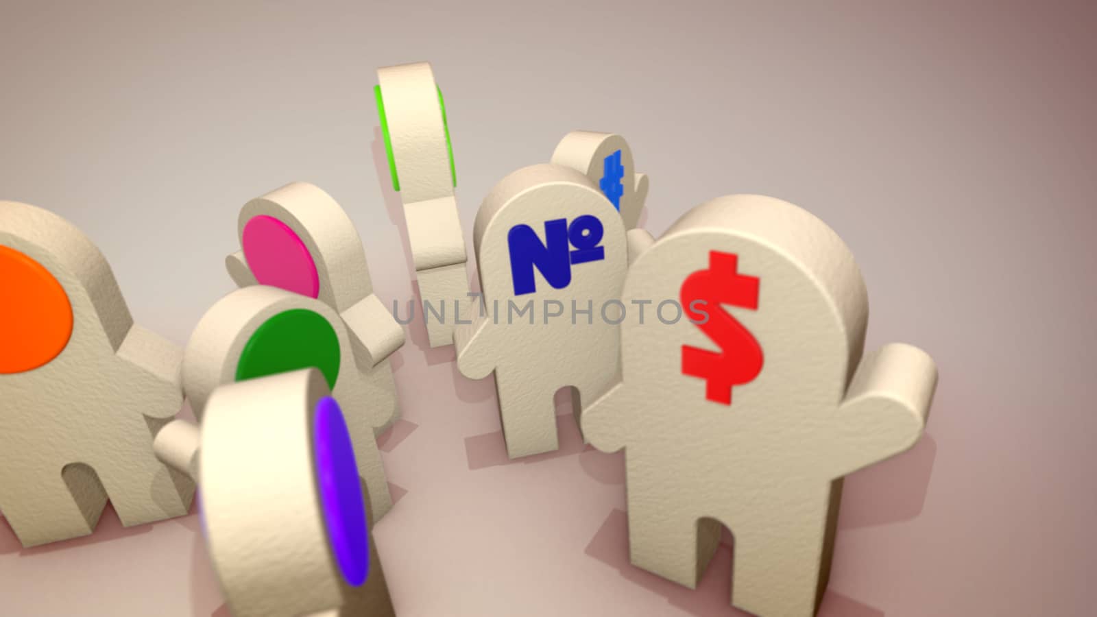 A cheery 3d illustration of smiling icon figures standing in a circle and moving one after another happily. They have bright blue and green computer symbols on their faces and look optimistic.