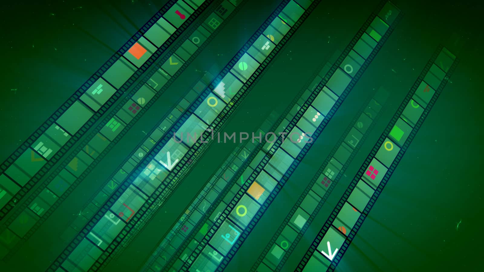 A multidimensional 3d illustration of inclined film tapes with yellow, orange and white keyholes, windows, bricks, brackets and other forms in the dark green background. They look jolly.