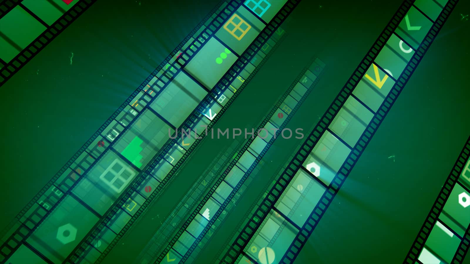 An op art 3d illustration of several diagonal film stripes shining brightly being full of white and yellow windows, staircases, hexagons and other forms in the khaki background. They look cheery.