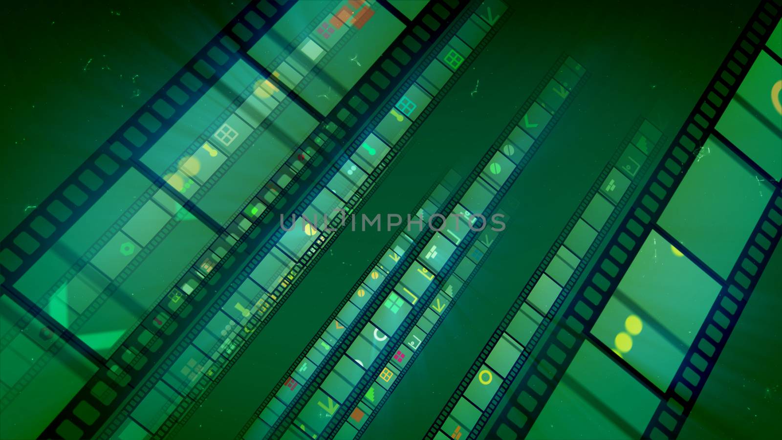 Astonishing 3d illustration of straight film tapes inclined to the right and sparkling brightly with violet, blue and yellow pictures. They entertain in the light khaki background in a cheerful way. 