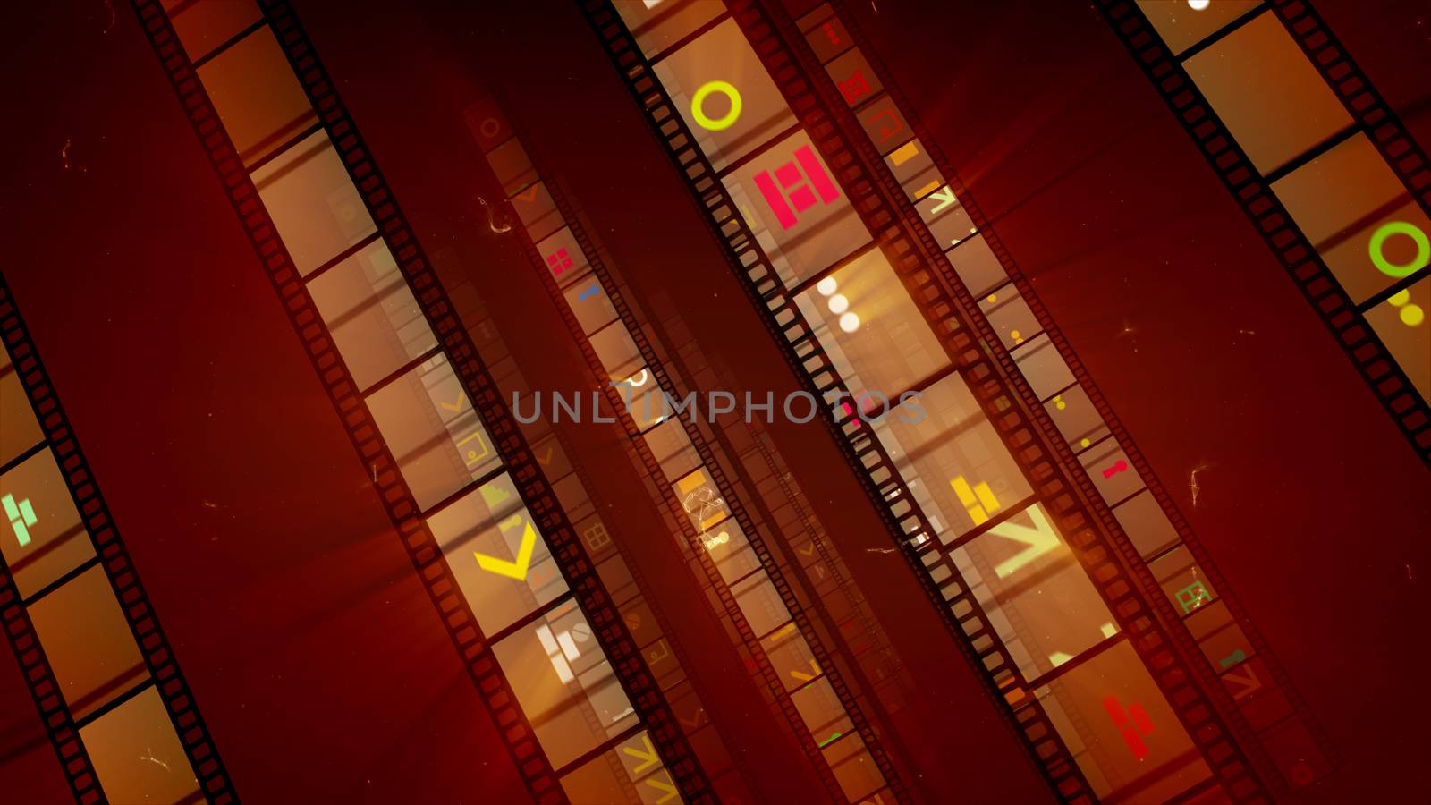 A noteworthy 3d illustration of film tapes inclined to the left with shining pictures of colorful spots, bricks, brackets, arrows in the bright brown background. They look showy and lucky. 