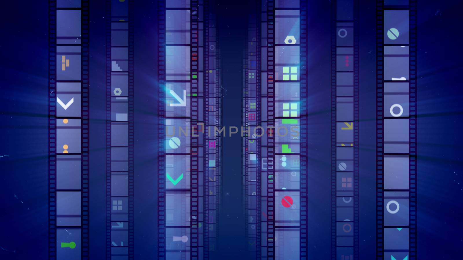 An exciting 3d illustration of vertical film tapes dazzling brightly with colorful spots, screws, illuminators, angles, arrows in the dark violet background. They look original, festive and cheerful. 