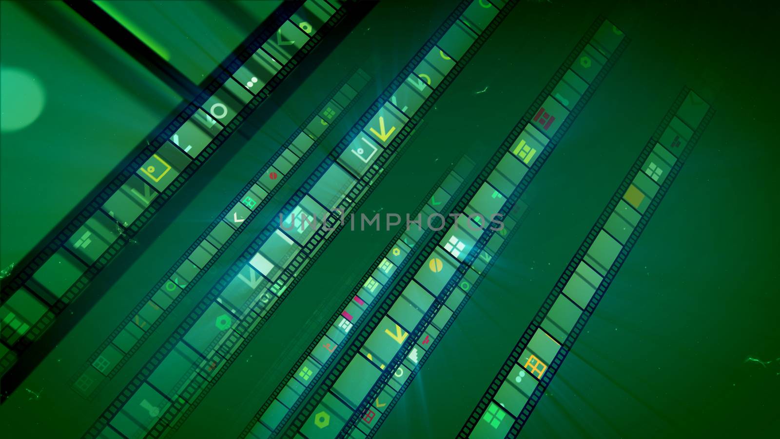 An amazing 3d illustration of straight movie tapes inclined to the right and shining brightly with colorful windows, circles, arrows and other pictures in the light khaki background in a jolly way. 
