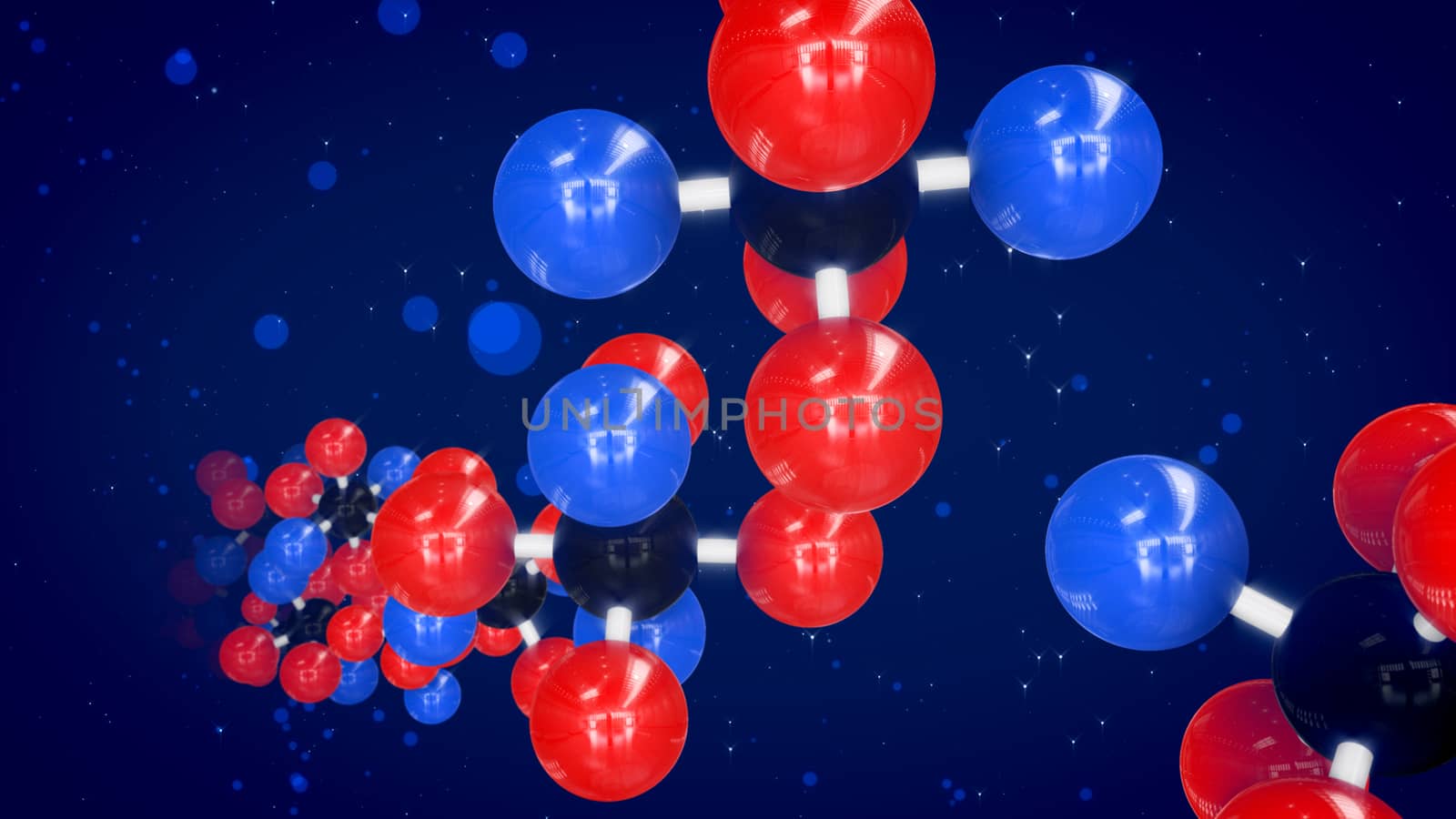 An astonishing 3d illustration of red, blue and black atoms connected in bright molecular structures flying diagonally forward in the blue background. They create the mood of scientific respect. 