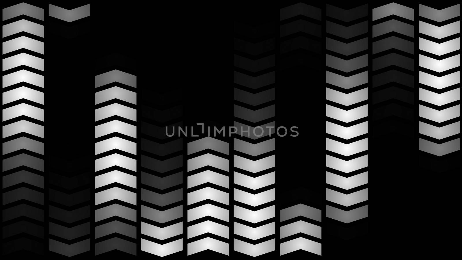 An optimistic 3d illustration of led panel lights from showy angle quotes placed in lines and forming ten vertical ways. Five of them move up in the black background. They look cheery and arty.