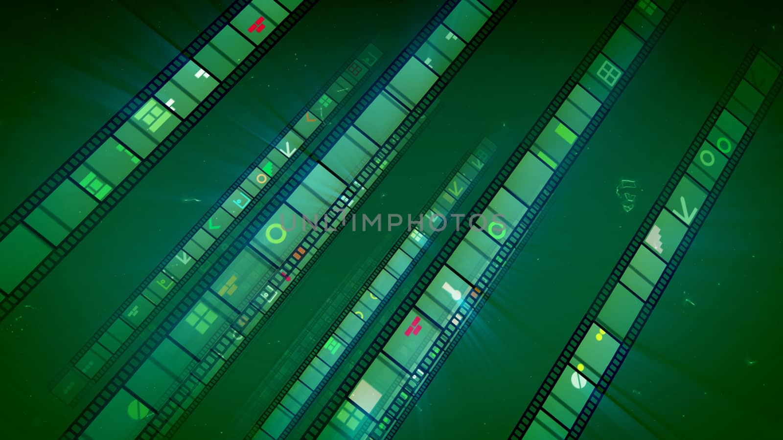 A wonderful 3d illustration of straight cinema tapes inclined to the right and glowing with colorful bricks, arrows, windows, keyholes and other pictures in the light khaki background in a funny way. 