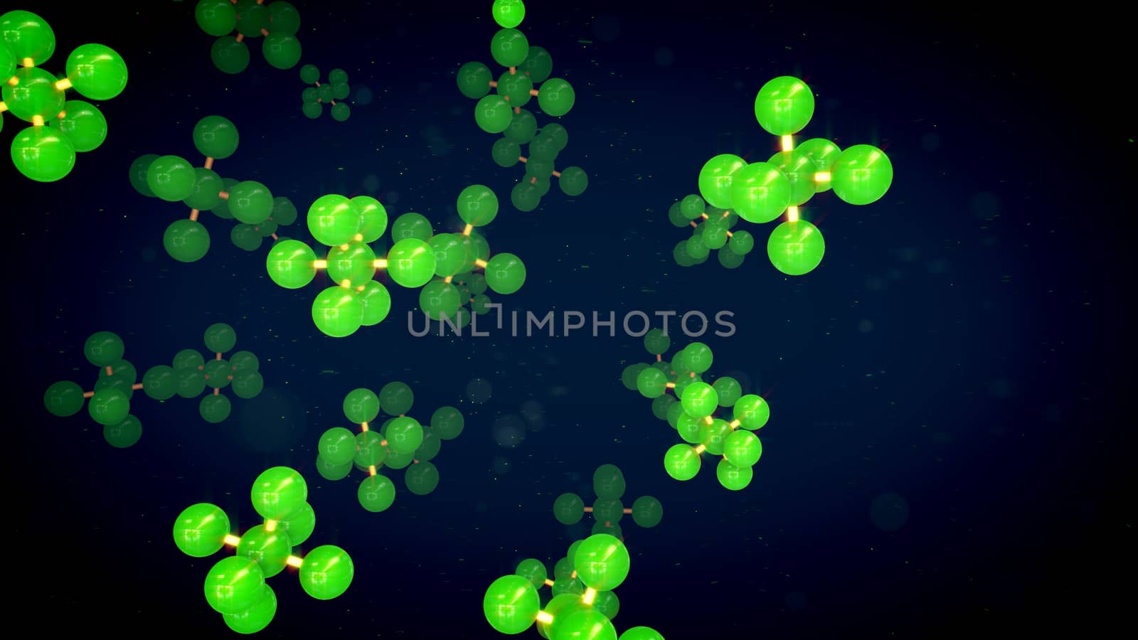 An original 3d illustration of green atoms connected in holographic molecular structures rotating around in the black background. It looks like a scientific experiment in some chemical laboratory. 