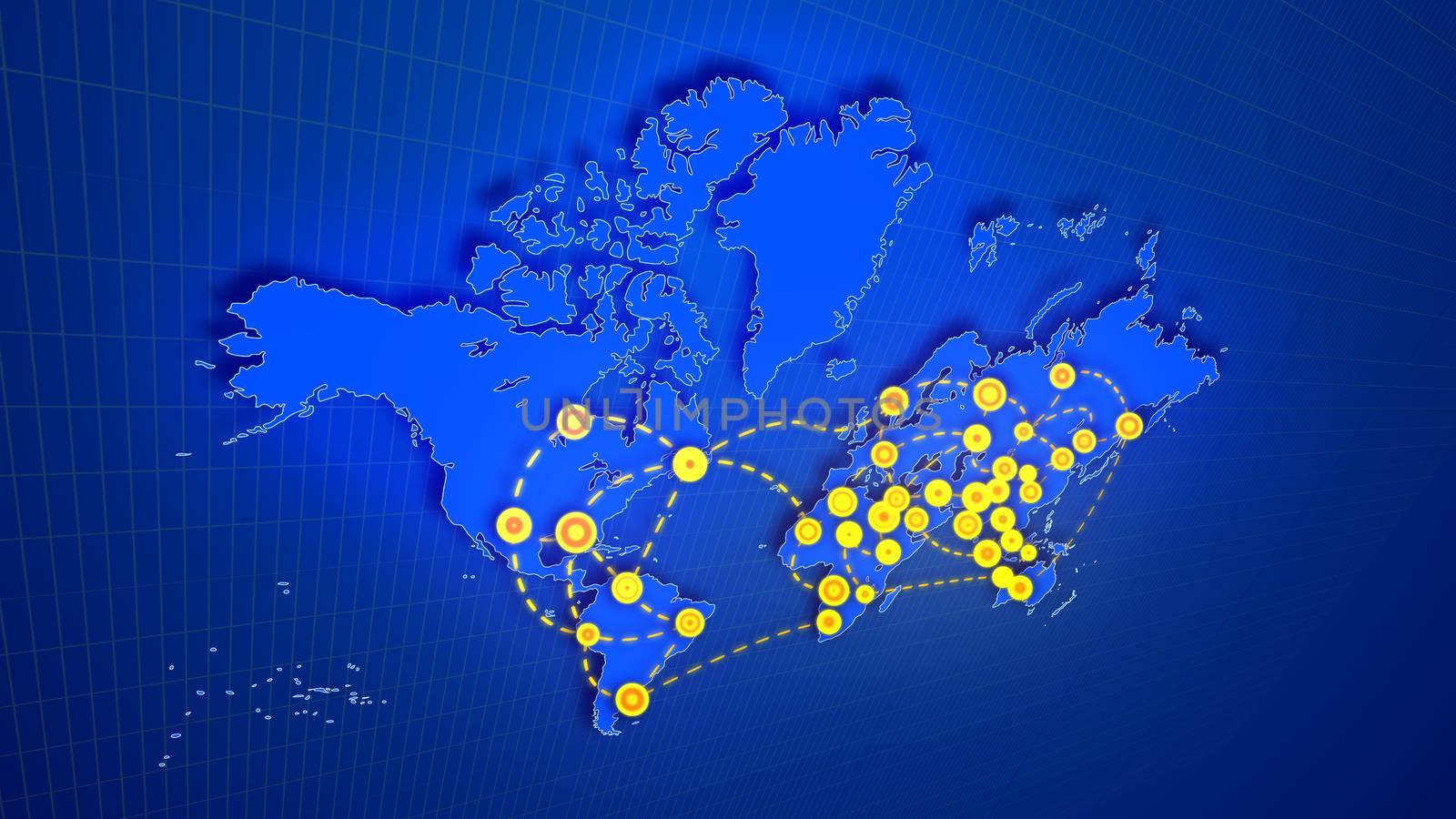 A stunning 3d illustration of an abstract world map connecting big yellow cities, presented like shimmering rounds, with moving white lines put on rectangular grid in the blue background.