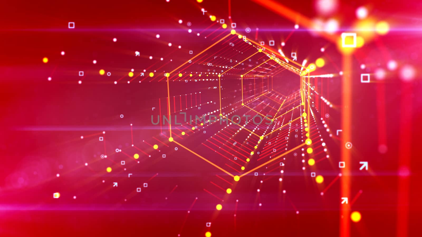 A stunning 3d illustration of a hexagonal neon portal located askew and stretched in the bright purple background with stripes of connected and sparkling golden dots and resembling a spider web.
