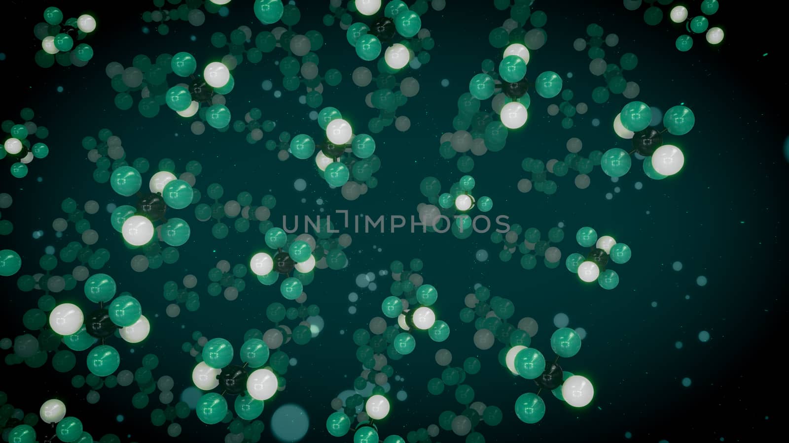 An artistic 3d illustration of green, white and black atoms linked in multidimensional molecular structures flying away in the dark green background. They look cheerful and alive. 