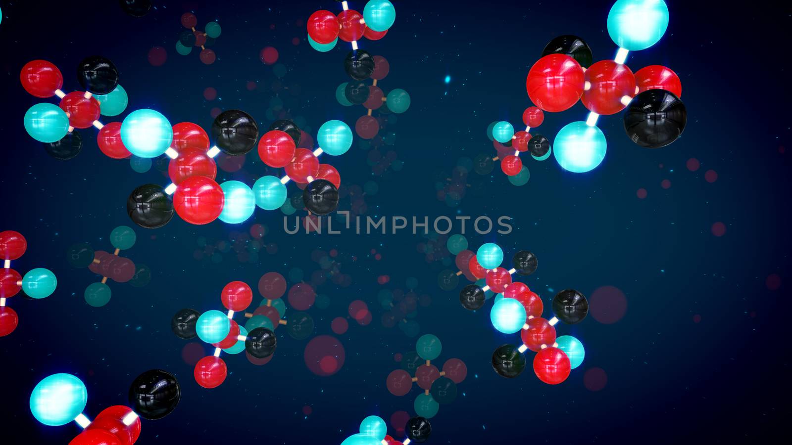 3d illustration of red, celeste, red and black atoms linked in holographic molecular structures spinning around in the violet background. It looks like a scientific research in a medical laboratory. 