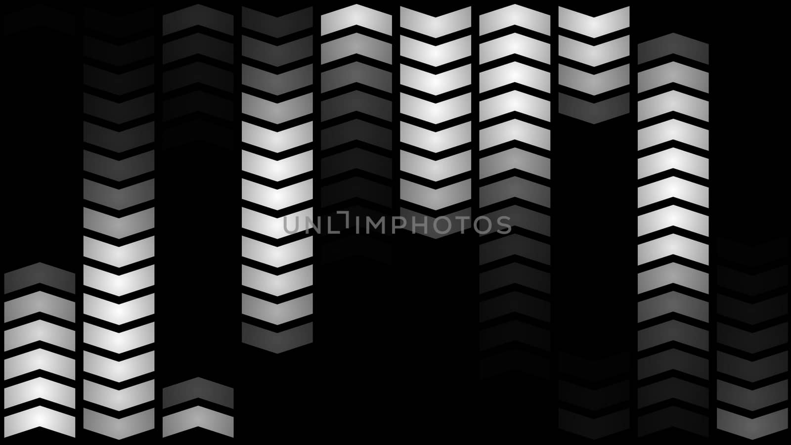 An arty 3d illustration of led panel lights from showy white angle quotes placed in vertical lines and getting dark gradually in the black background. They look cheerful and optimistic.