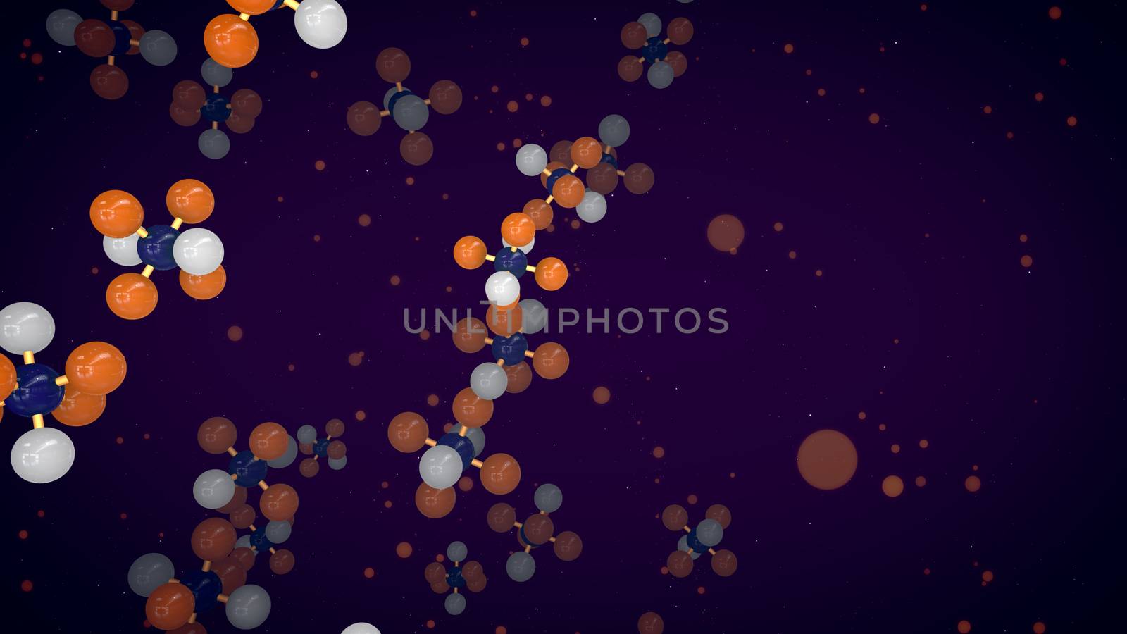 An amazing 3d illustration of orange, white and blue atoms linked in volumetric molecular structures flying up in the dark violet background. It looks like a medical research in a modern laboratory. 