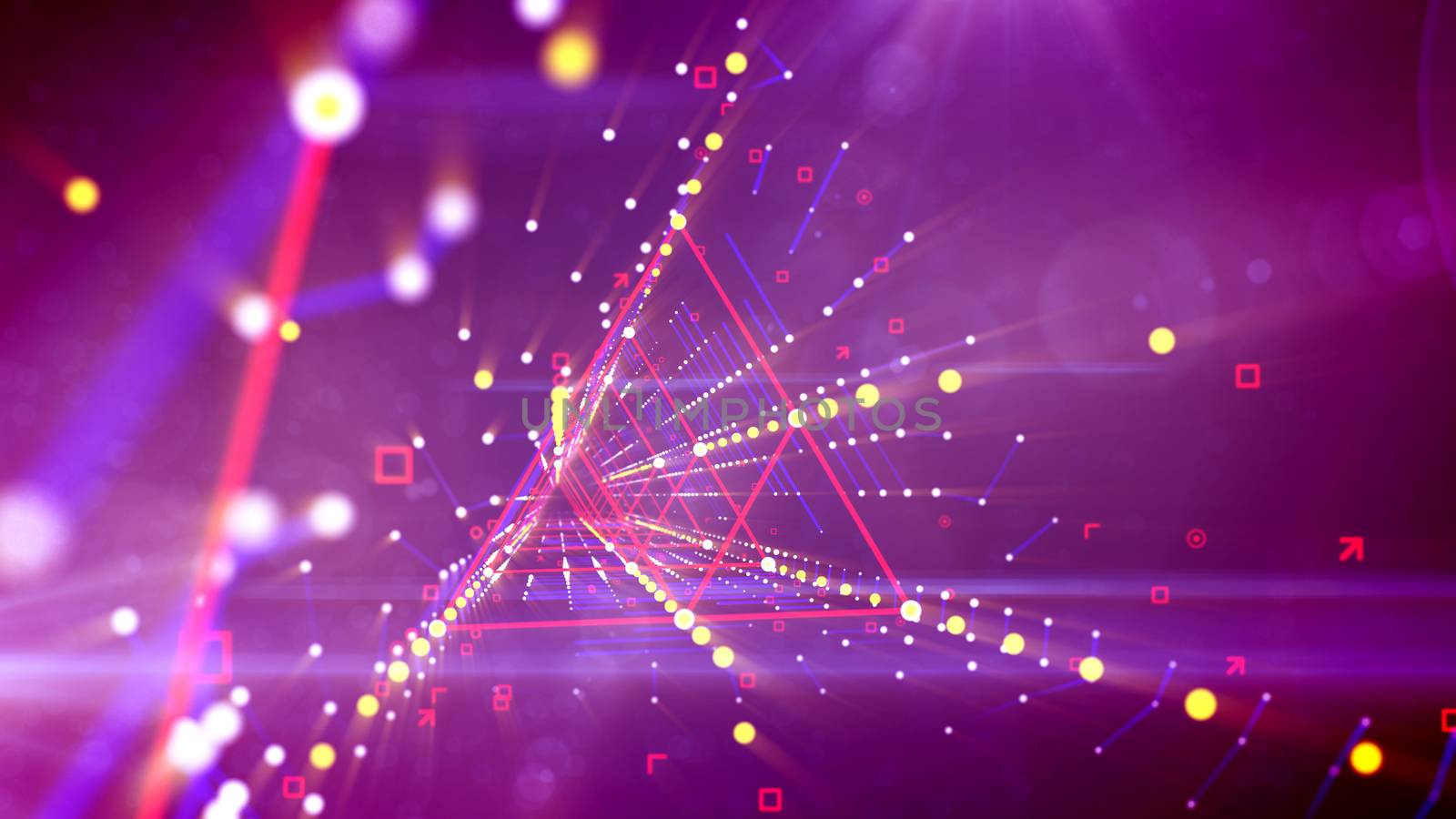 A mesmerizing 3d illustration of a wavy triangular neon tunnel with blurred rhombus forms inside rolling in the bright purple background with stripes of linked and shining plasma spots and squares.