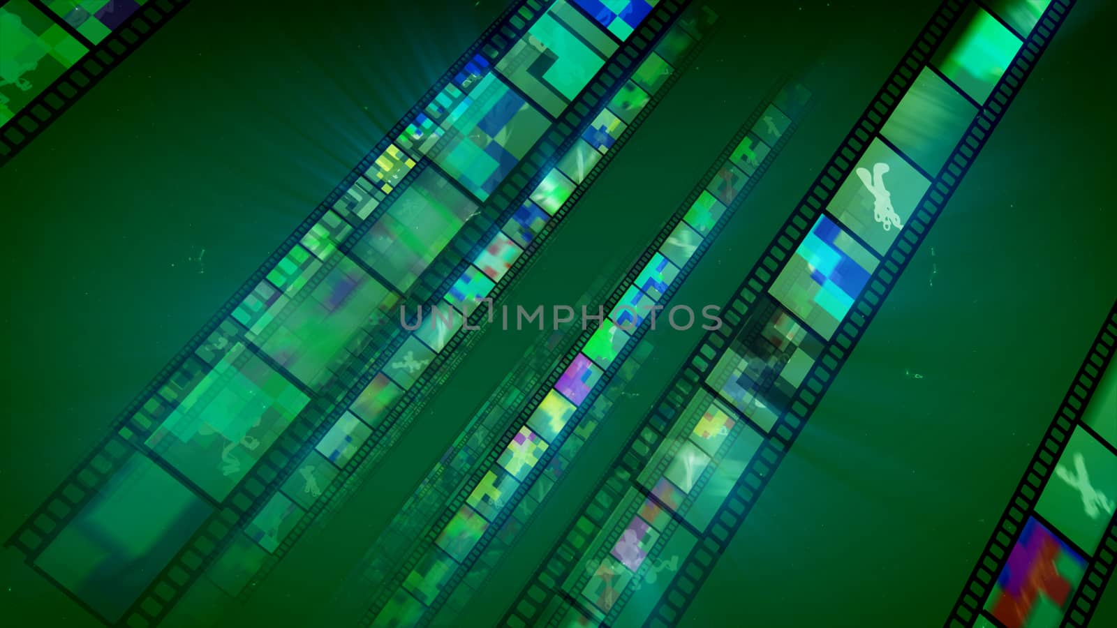 A lovely 3d illustration of diagonal straight movie tapes having different shades and multicolored tints. They show different beings and smudges in the green backdrop and look cheerful and arty. 
