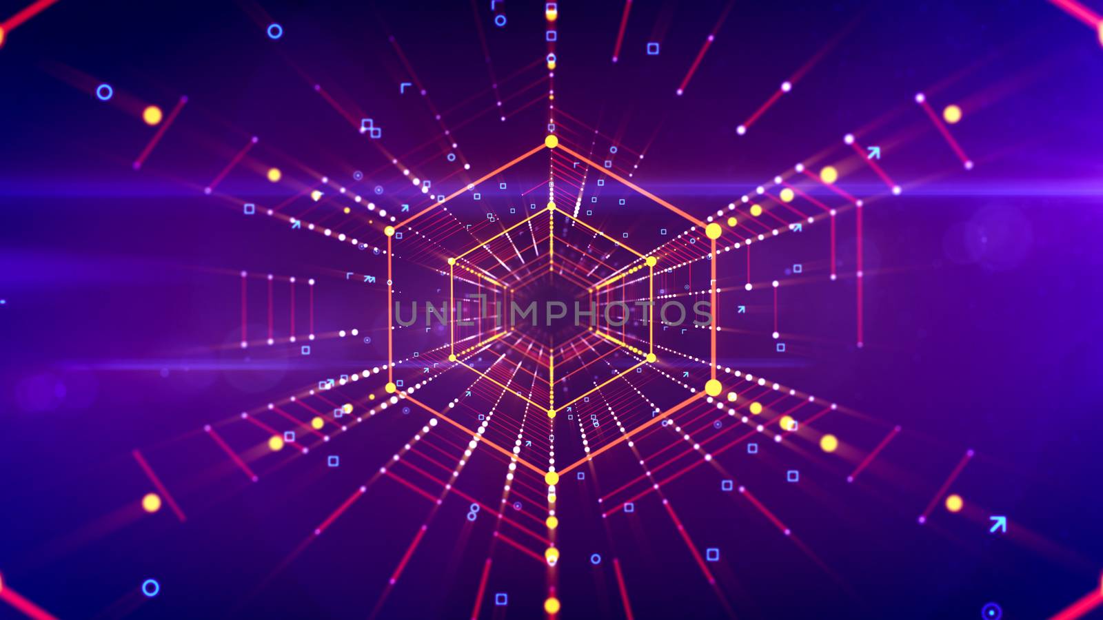 3d illustration of a straight hexagonal neon tunnel stretched in the bright violet background with blue and yellow lines of spots. It has linked scarlet web and looks like a futuristic portal.