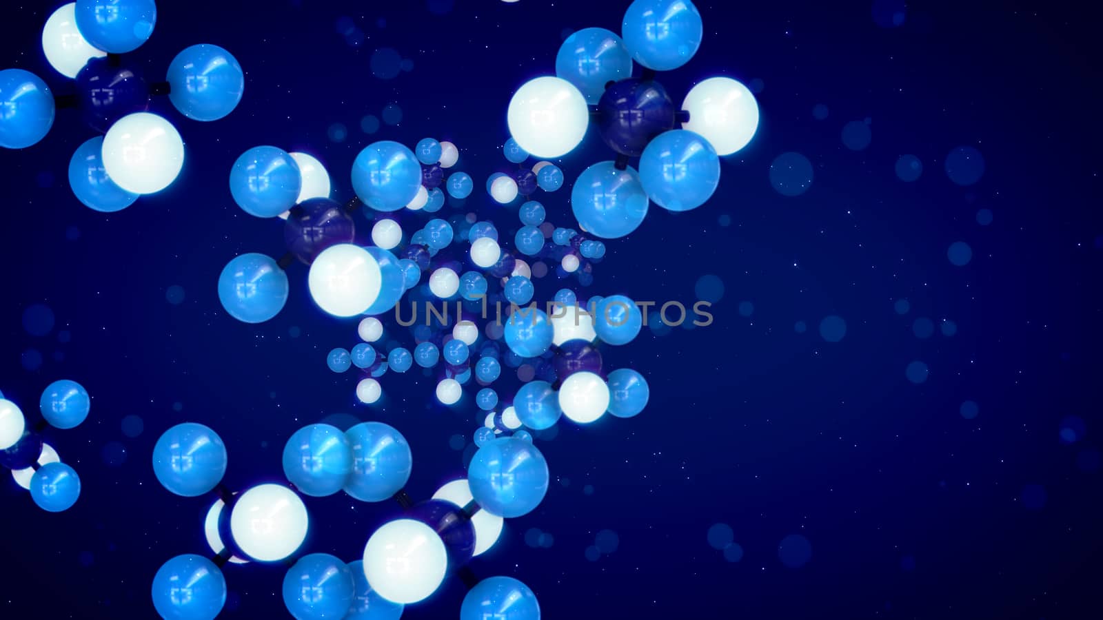 A cheery 3d illustration of celeste, white and blue atoms connected in volumetric molecular jumping up and down in the dark violet background. It looks like a chemical research in a modern laboratory.