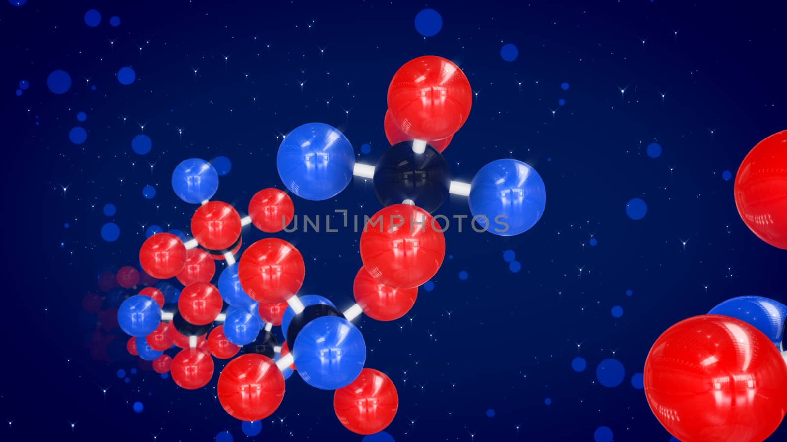 A magnificent 3d illustration of red, blue and black atoms linked in bright molecular structures soaring up and down in the blue background. They shape the mood of scientific respect and innovation. 