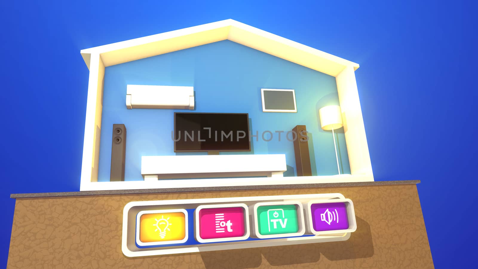 An optimistic 3d illustration of switching smart home section with a plasma TV, big rectangular speakers,  floor lamp, white wooden bed, air conditioner  and four buttons with some symbols.