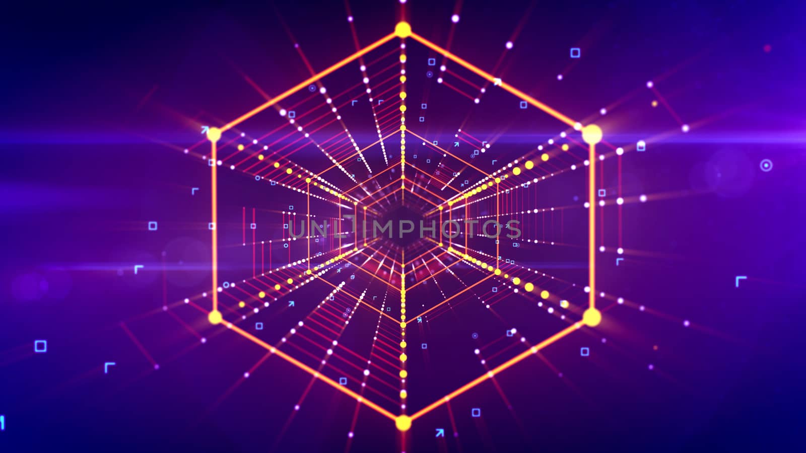 A sci-fi 3d illustration of a moving hexagonal neon tunnel placed in the bright violet background with sparkling spots. It looks like an impressive time portal and has a psychedelic effect.