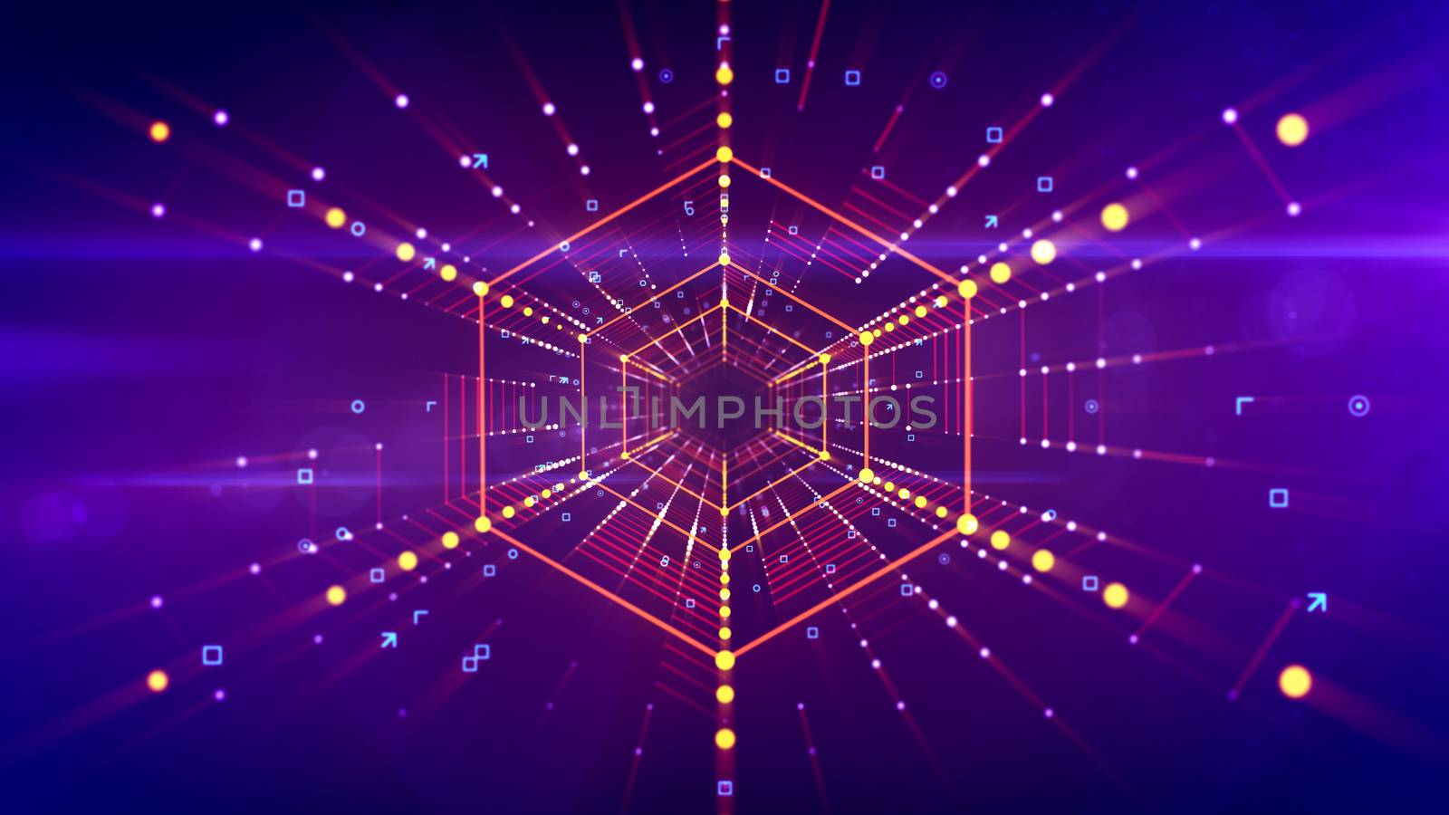 3d illustration of a straight hexagonal neon tunnel stretched in the bright violet background with golden lines of shining dots. It has linked red grid and looks like a futuristic time tunnel.